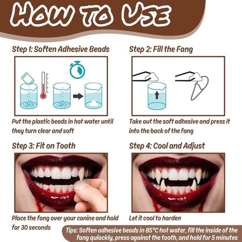 Vampire Fangs for Cosplay - 12 Pairs Fake Vampire Teeth Adult,4 Sizes Vampire Teeth Cosplay Fangs with 10 Tooth Pellets,False Teeth Ideal for Halloween Party Cosplay,Accessories Grift in Saudi Arabia