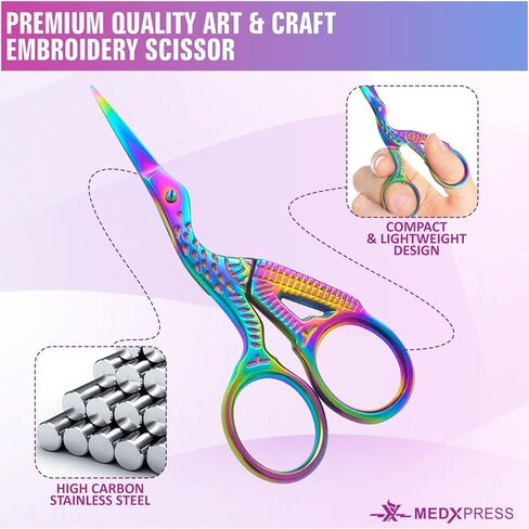 مقص قوس قزح اللقلق مقاس 3.6 بوصة، طرف حاد إضافي، مقص تطريز صغير لتصميم رافعة من الفولاذ المقاوم للصدأ، مقص خياطة لقطع الغرز، مقص الطيور الفنية والحرفية. in Kuwait