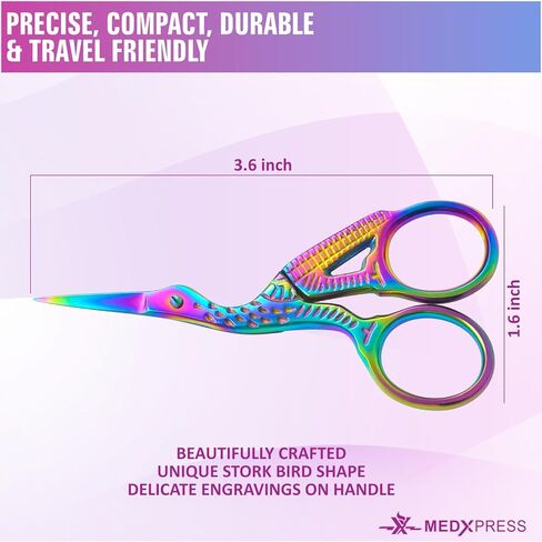 مقص قوس قزح اللقلق مقاس 3.6 بوصة، طرف حاد إضافي، مقص تطريز صغير لتصميم رافعة من الفولاذ المقاوم للصدأ، مقص خياطة لقطع الغرز، مقص الطيور الفنية والحرفية. in Kuwait
