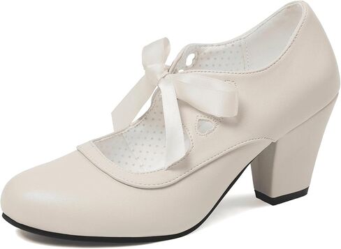 Erocalli Women's Mary Jane Pumps Chunky Block Shoes Heart Hollow Adorable Vintage Shoes Unique Round Toe Lace Up in Kuwait