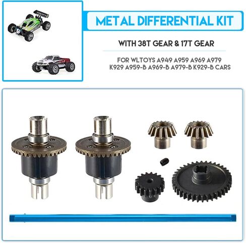 1/18 RC سيارة مجموعة تفاضلية معدنية 38T Gear 17T Gear التفاضلية الناقل محرك رمح التوجيه المحور التروس التفاضلية البالية والعتاد ل WLtoys A949 A959 A969 A979 K929 A959-B A969-B A979-B K929-B RC سيارة in Saudi Arabia