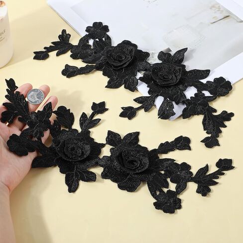 4 Pcs Black Embroidered Floral Appliques Embroidered Iron on Patch Rose Sew on Patches for Jeans Sweater Hats Shoes Bags DIY Sewing Crafts in Saudi Arabia