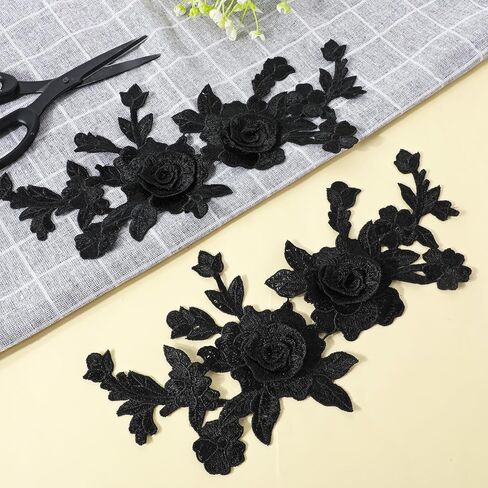 4 Pcs Black Embroidered Floral Appliques Embroidered Iron on Patch Rose Sew on Patches for Jeans Sweater Hats Shoes Bags DIY Sewing Crafts in Saudi Arabia