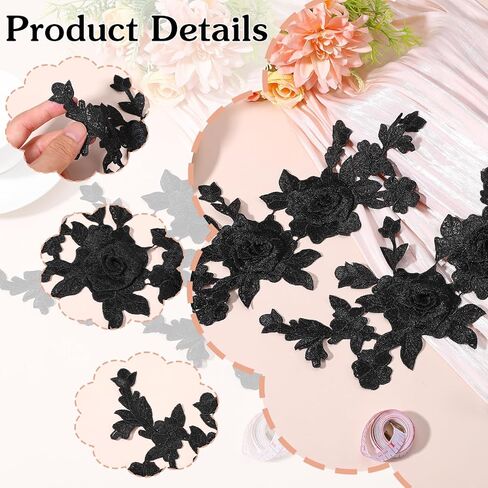 4 Pcs Black Applique - Embroidered Floral Appliques Sew On Patches - Vintage Rose Black Lace Applique for Wedding Dress, Hat, Bag, Jeans, Clothes Crafts Accessories in Saudi Arabia