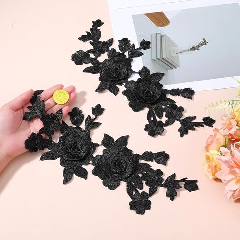 4 Pcs Black Applique - Embroidered Floral Appliques Sew On Patches - Vintage Rose Black Lace Applique for Wedding Dress, Hat, Bag, Jeans, Clothes Crafts Accessories in Saudi Arabia