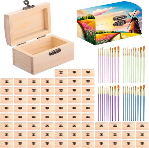 Chumia 48 Pcs Unfinished Wooden Craft Boxes with 40 Paintbrushes Small Wooden Boxes Treasure Chest with Lid and Clasp Wood Storage Box for DIY Baby Shower Pirate Decor, 3.5 x 2.2 x 1.8 Inch in Saudi Arabia