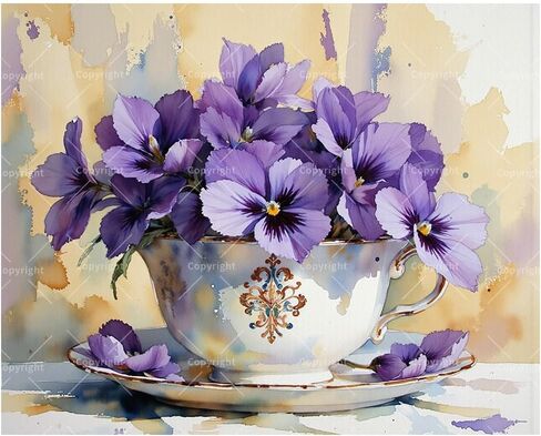 Purple Flowers Paint by Numbers Kit for Adults - DIY Violet Pansy Arrangement in Teacup Painting on Canvas, Acrylic Paint Set, Suitable for Beginners, for Home Decoration or Gifts(8X12IN Framed) in Saudi Arabia
