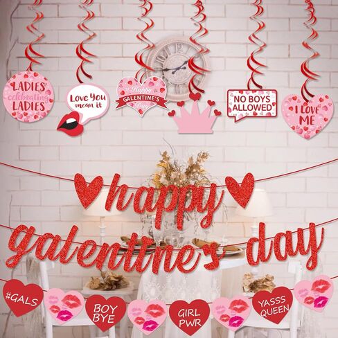 Happy Galentine’s Day Banner for Ladies Girls Galentine’s Day Celebration Party Decorations Glitter Red Pink Heart Romantic Engagement Wedding Proposal Party Supplies in Kuwait
