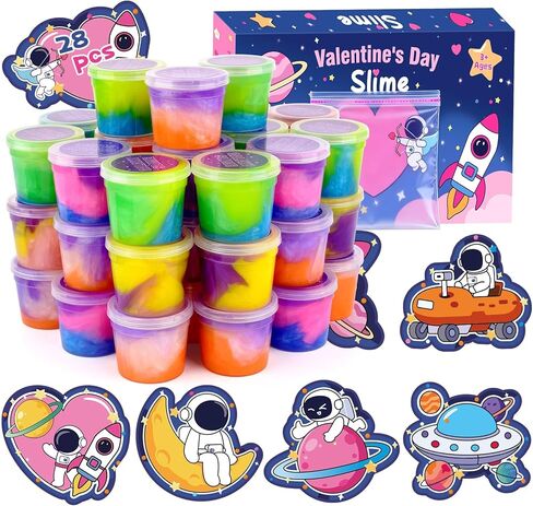 28 PCS Valentine Gift Greeting Card with Slime, Galaxy Slime Stress Relief Fidget Toy for Kids Party Favor, Classroom Exchange Prizes, Valentines Day Milky Way Party Favors for Boys Girls in Saudi Arabia