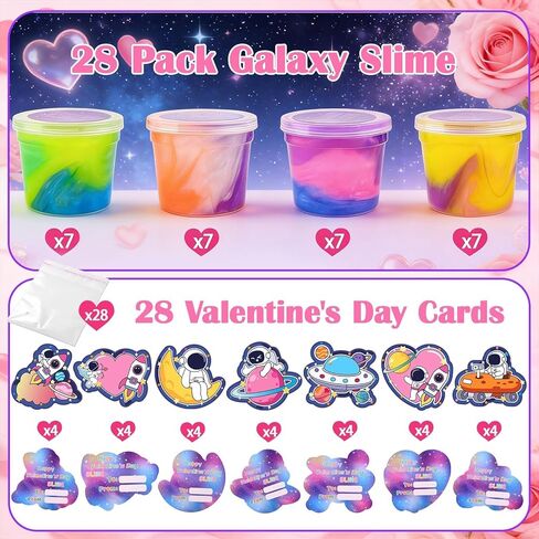 28 PCS Valentine Gift Greeting Card with Slime, Galaxy Slime Stress Relief Fidget Toy for Kids Party Favor, Classroom Exchange Prizes, Valentines Day Milky Way Party Favors for Boys Girls in Saudi Arabia