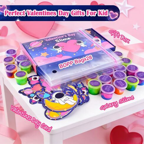 28 PCS Valentine Gift Greeting Card with Slime, Galaxy Slime Stress Relief Fidget Toy for Kids Party Favor, Classroom Exchange Prizes, Valentines Day Milky Way Party Favors for Boys Girls in Saudi Arabia
