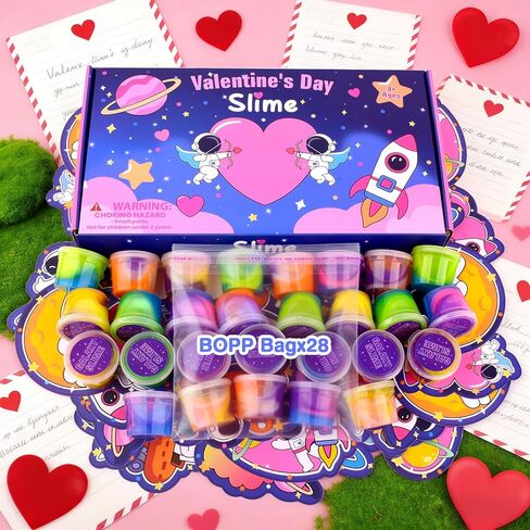 28 PCS Valentine Gift Greeting Card with Slime, Galaxy Slime Stress Relief Fidget Toy for Kids Party Favor, Classroom Exchange Prizes, Valentines Day Milky Way Party Favors for Boys Girls in Saudi Arabia
