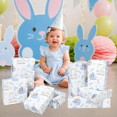 Pineraap Bunny Baby Shower Wrapping Paper Roll for Girl Boy, Hello Little One Design Gift Wrap Paper, Cute Rabbit Gift Packing Paper Art Paper for Baby Shower Newborn Birthday Party, 17Inch x 16.5Feet in Saudi Arabia