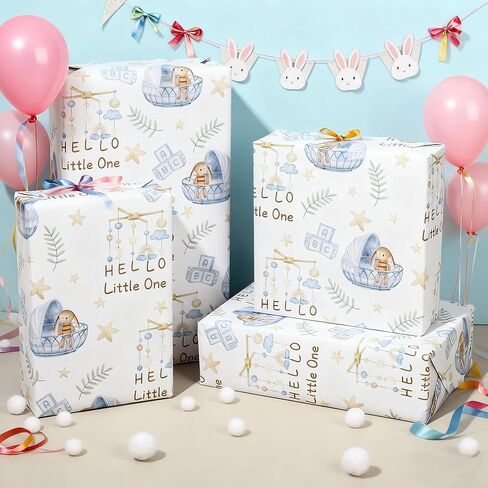 Pineraap Bunny Baby Shower Wrapping Paper Roll for Girl Boy, Hello Little One Design Gift Wrap Paper, Cute Rabbit Gift Packing Paper Art Paper for Baby Shower Newborn Birthday Party, 17Inch x 16.5Feet in Saudi Arabia