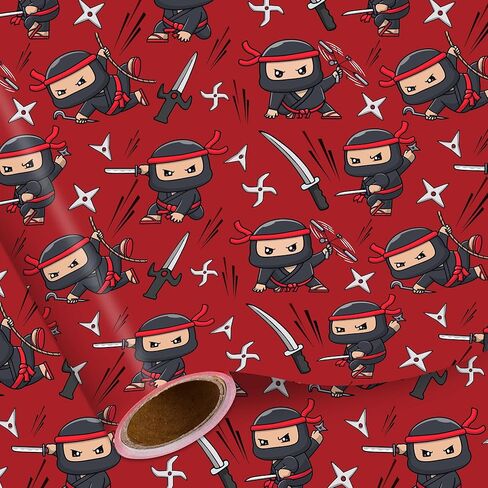 لفة ورق تغليف Pineraap Ninja، 17 بوصة × 16.4 قدم - لفة صغيرة - تصميمات كرتونية نينجا حمراء وسوداء تحت عنوان تغليف الهدايا لعشاق الكاراتيه والفنانين القتاليين وحفلات أعياد ميلاد محبي الرسوم المتحركة in Kuwait