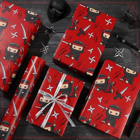 لفة ورق تغليف Pineraap Ninja، 17 بوصة × 16.4 قدم - لفة صغيرة - تصميمات كرتونية نينجا حمراء وسوداء تحت عنوان تغليف الهدايا لعشاق الكاراتيه والفنانين القتاليين وحفلات أعياد ميلاد محبي الرسوم المتحركة in Kuwait