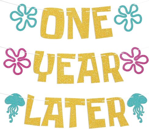 One Year Later Banner - Sea Animals First Birthday Decor, Yellow Sponge Theme Cartoon 1st Birthday Decorations Gold Glitter in Saudi Arabia