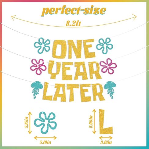 One Year Later Banner - Sea Animals First Birthday Decor, Yellow Sponge Theme Cartoon 1st Birthday Decorations Gold Glitter in Saudi Arabia