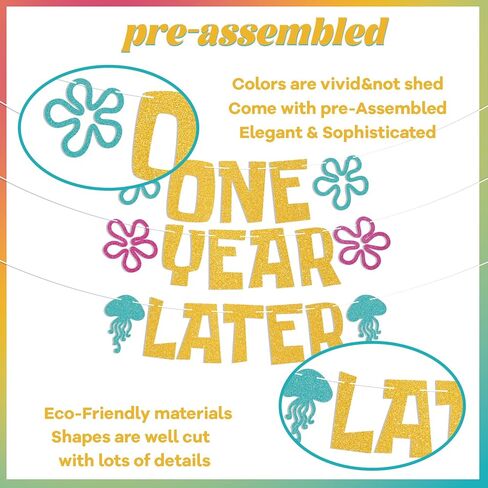 One Year Later Banner - Sea Animals First Birthday Decor, Yellow Sponge Theme Cartoon 1st Birthday Decorations Gold Glitter in Saudi Arabia