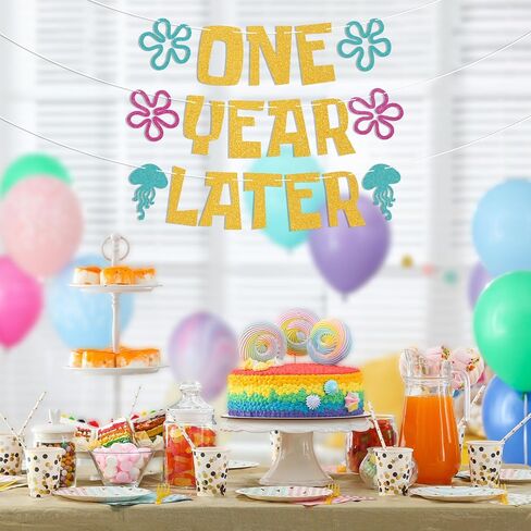 One Year Later Banner - Sea Animals First Birthday Decor, Yellow Sponge Theme Cartoon 1st Birthday Decorations Gold Glitter in Saudi Arabia