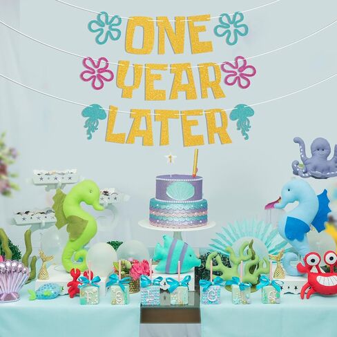 One Year Later Banner - Sea Animals First Birthday Decor, Yellow Sponge Theme Cartoon 1st Birthday Decorations Gold Glitter in Saudi Arabia