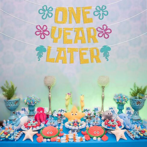 One Year Later Banner - Sea Animals First Birthday Decor, Yellow Sponge Theme Cartoon 1st Birthday Decorations Gold Glitter in Saudi Arabia
