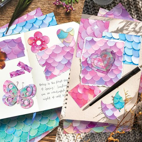 24 Sheet Mermaid Themed Scrapbook Paper, 6"×6" Ocean Patterns Craft Papers, Single-Sided Scales Paper Pad for Card Making Journaling Planner Origami Scrapbook in Kuwait