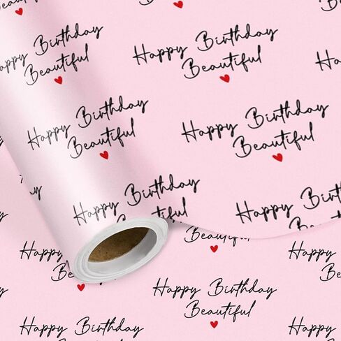 LeZakaa Happy Birthday Wrapping Paper Roll for Her – Pink Gift Wrap with “Happy Birthday Beautiful" Script & Heart Design, Perfect for Women, Wife, Girlfriend, Girls, Mini Roll 17 in x 16.4 ft in Saudi Arabia