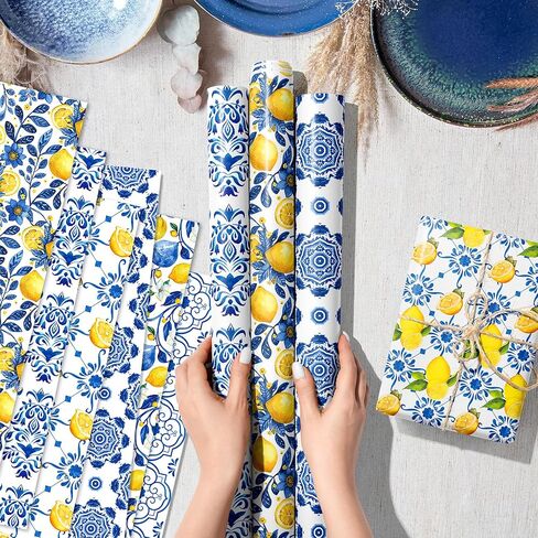Jajajuegos 12-Sheet Chinoiserie Lemons Wrapping Paper Set | Watercolor Blue Tiles & Yellow Lemon Designs | 19.7x27.6 Inch Folded Flat Art Paper for Gift Wrapping, DIY Crafts, Weddings & Birthdays. in Saudi Arabia