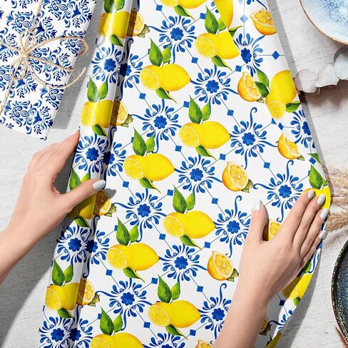 Jajajuegos 12-Sheet Chinoiserie Lemons Wrapping Paper Set | Watercolor Blue Tiles & Yellow Lemon Designs | 19.7x27.6 Inch Folded Flat Art Paper for Gift Wrapping, DIY Crafts, Weddings & Birthdays. in Saudi Arabia