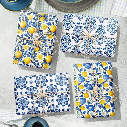 Jajajuegos 12-Sheet Chinoiserie Lemons Wrapping Paper Set | Watercolor Blue Tiles & Yellow Lemon Designs | 19.7x27.6 Inch Folded Flat Art Paper for Gift Wrapping, DIY Crafts, Weddings & Birthdays. in Saudi Arabia