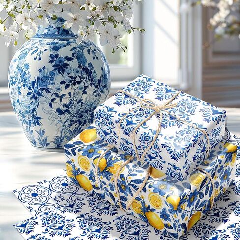 Jajajuegos 12-Sheet Chinoiserie Lemons Wrapping Paper Set | Watercolor Blue Tiles & Yellow Lemon Designs | 19.7x27.6 Inch Folded Flat Art Paper for Gift Wrapping, DIY Crafts, Weddings & Birthdays. in Saudi Arabia