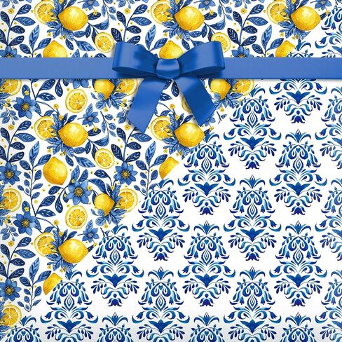 Jajajuegos 12-Sheet Chinoiserie Lemons Wrapping Paper Set | Watercolor Blue Tiles & Yellow Lemon Designs | 19.7x27.6 Inch Folded Flat Art Paper for Gift Wrapping, DIY Crafts, Weddings & Birthdays. in Saudi Arabia