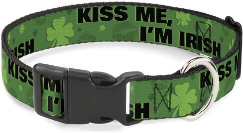 مشبك للأسفل مقاس 45.72 سم - 81.28 سم Kiss Me I'm Irish! طوق مشبك من البلاستيك الأسود/القبلات الخضراء/البرسيم، مقاس كبير عريض in Kuwait