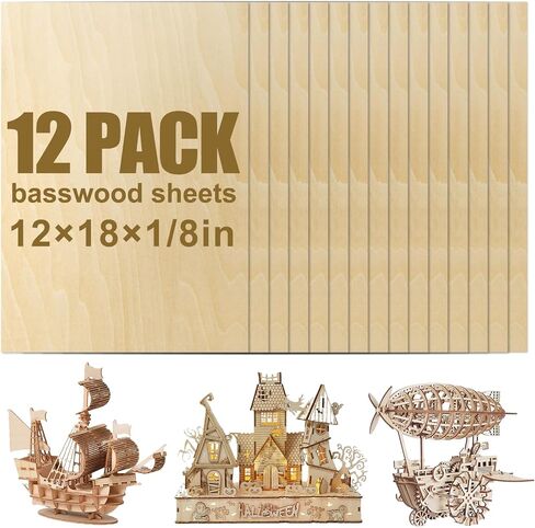 12 Pack Basswood Sheets 12x18x1/8 Inch, Balsa Wood Sheet, 3mm Plywood for Laser Cutting & Engraving, Unfinished Wood for DIY Crafts, Models, Ornaments, and Drawing Projects in Saudi Arabia