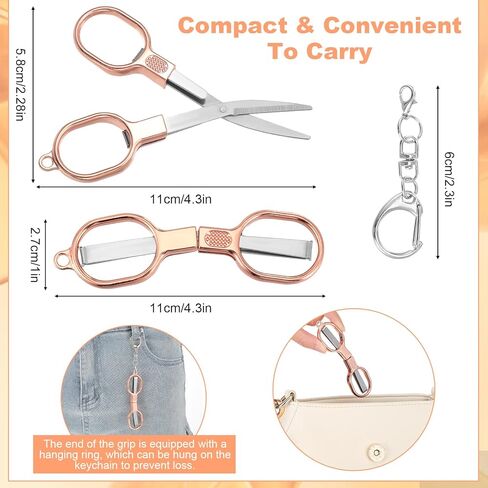 3 Pcs Badge Reel Scissors with Keychains - Stainless Steel Portable Safety Mini Foldable Scissors - Pocket Travel Small Keychain Scissor for Nurse, Travel, Office, Craft, Sewing(Rose Gold) in Saudi Arabia