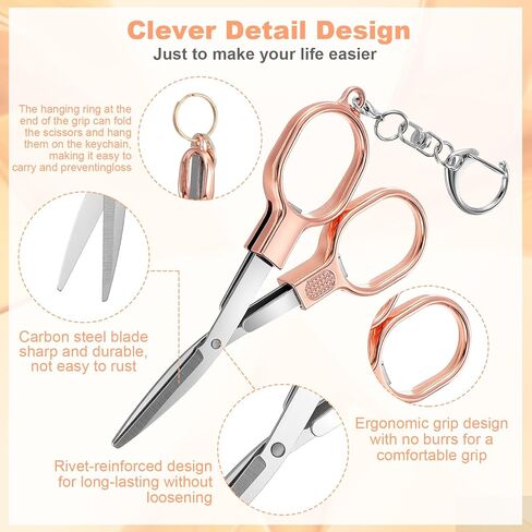 3 Pcs Badge Reel Scissors with Keychains - Stainless Steel Portable Safety Mini Foldable Scissors - Pocket Travel Small Keychain Scissor for Nurse, Travel, Office, Craft, Sewing(Rose Gold) in Saudi Arabia