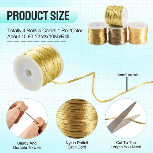 4 Rolls Nylon Rattail Satin Cord 2mm Braided Nylon Beading String Silk Satin Cord for Friendship Bracelet Chinese Knot Lanyard Jewelry Making (Golden) in Saudi Arabia