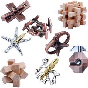 RLYLF 8 Pieces Wooden and Metal Brain Teaser Puzzles for Adults and Kids Family Games Party Favor Coffee Time Unlock Interlock Mind Challenging in Kuwait