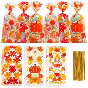 أكياس علاج السيلوفان الخريفية من DIYASY، 120 قطعة من أكياس حلوى اليقطين بأوراق القيقب الخريفية مع أربطة ملتوية من أجل هدايا حفلات عيد الشكر وتغليف هدايا العطلات in Kuwait