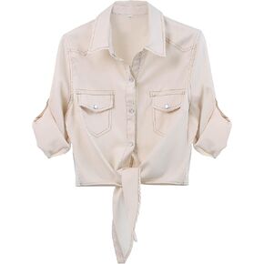 SeekMe Womens Denim Shirts Tie Front Crop Top Button Down Chambray Jean Shirts in Kuwait