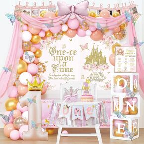 Princess 1st Birthday Party Decorations, 122 PCs - One-ce Upon a Time First Party Supplies with Pink Fairytale Backdrop, Balloon Garland, Castle Tablecloth, Cake Topper in Saudi Arabia