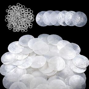 SHENLIU قذائف كابيز مستديرة، 300 قطعة من قذائف كابيز و200 قطعة من سلاسل إكليل الصدف السائبة، 2 بوصة قلادات فارغة مع فتحتين لدقات الرياح ديكور منزلي لحفلات أعياد الميلاد وحفلات DIY للتعليق in Kuwait