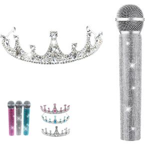 دعامة ميكروفون وهمية لامعة وتاج كريستال - لعبة ميكروفون وتاج من حجر الراين اللامع للفتيات، فستان الأميرة in Kuwait
