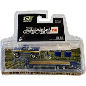 Greenlight Midwest Diecast Exclusive Lifted 1987 GMC Sierra K-2500 with Gooseneck Trailer Blue/Gold 1/64 Scale in Saudi Arabia