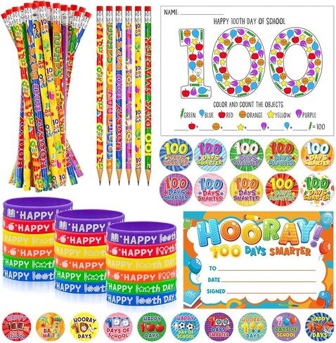 Cinrobiye 180 Pcs 100 Days of School Awards Set,Happy 100th Day Certificate of Award Rubber Bracelets Wristbands Coloring Posters Pencils 100 Days Smarter Badges Pins Stickers for School Party in Saudi Arabia
