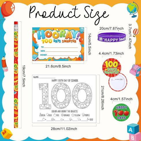 Cinrobiye 180 Pcs 100 Days of School Awards Set,Happy 100th Day Certificate of Award Rubber Bracelets Wristbands Coloring Posters Pencils 100 Days Smarter Badges Pins Stickers for School Party in Saudi Arabia