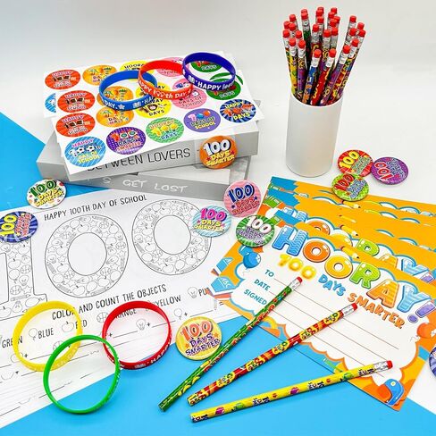 Cinrobiye 180 Pcs 100 Days of School Awards Set,Happy 100th Day Certificate of Award Rubber Bracelets Wristbands Coloring Posters Pencils 100 Days Smarter Badges Pins Stickers for School Party in Saudi Arabia