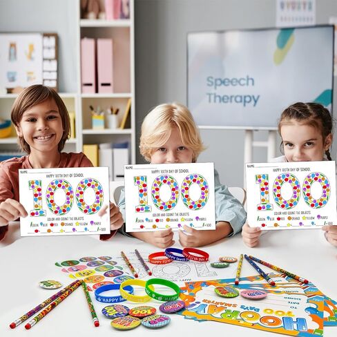 Cinrobiye 180 Pcs 100 Days of School Awards Set,Happy 100th Day Certificate of Award Rubber Bracelets Wristbands Coloring Posters Pencils 100 Days Smarter Badges Pins Stickers for School Party in Saudi Arabia