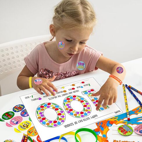Cinrobiye 180 Pcs 100 Days of School Awards Set,Happy 100th Day Certificate of Award Rubber Bracelets Wristbands Coloring Posters Pencils 100 Days Smarter Badges Pins Stickers for School Party in Saudi Arabia